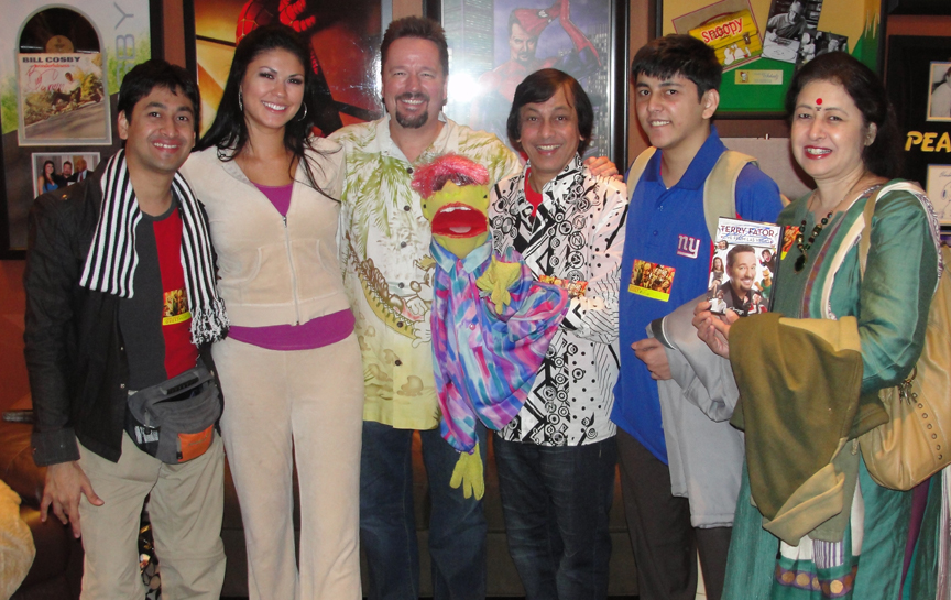 Ventriloquist Ramdas Padhye and his family with Terry Fator at Mirage Casino, Las Vegas